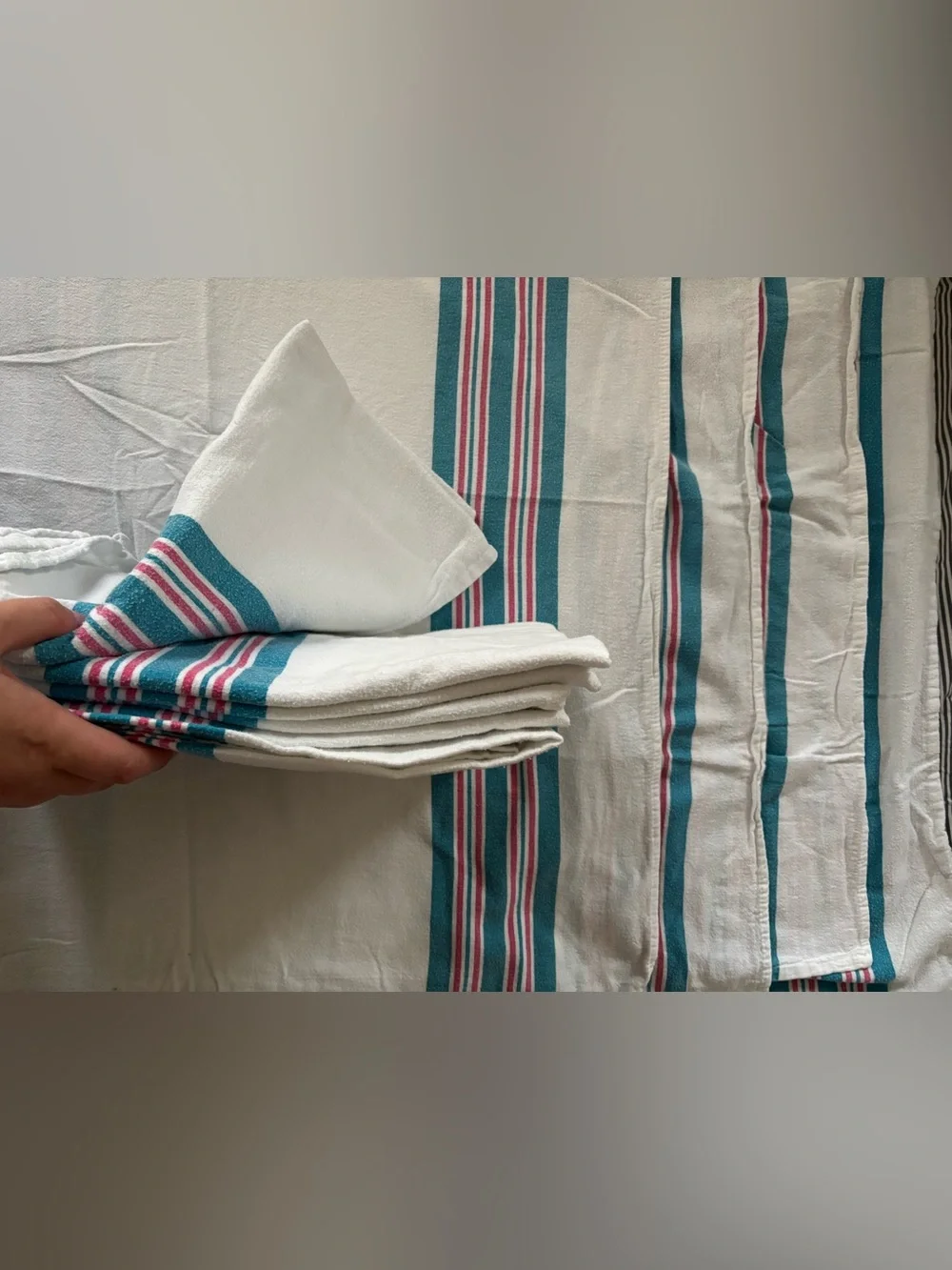 Lot of White Blankets with Teal & Pink Stripes